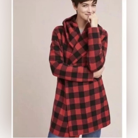 Anthropologie Jackets & Blazers - Anthropologie Field Flower Red Buffalo Plaid Cardigan Wrap Sweater Coat XS EUC